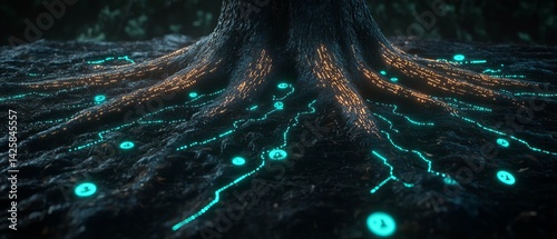 Tree Roots With Glowing Data Flow Circuit