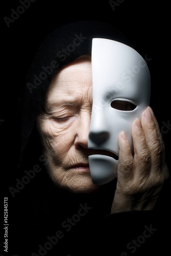 An elderly white woman with deep wrinkles and a black hood holds a white theatrical mask to her face with closed eyes in a dramatic, symbolic portrait.