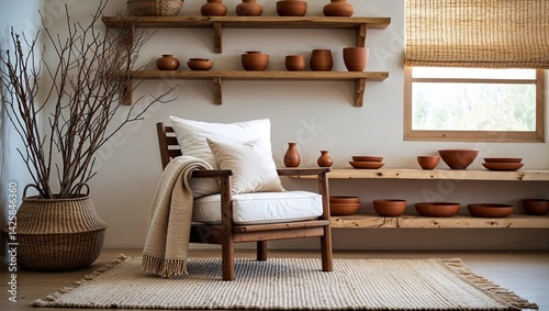 a cozy, minimalist interior style with a focus on natural materials and earthy tones. A wooden armchair with white cushions and a soft beige throw is positioned in the foreground, exuding comfort.