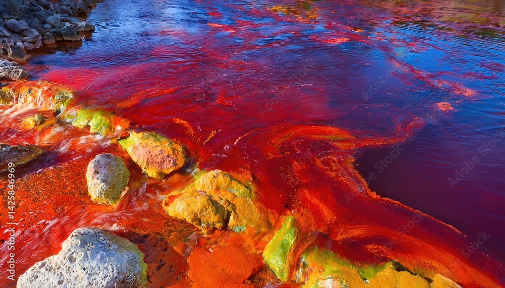 Blood Red MineralRich Rio Tinto River Scene in Huelvas Mining Area at Dusk A Striking Portrayal of Spains Red River and its Surroundings Filled with Vivid Colors and Textures, Evoking a Mystical