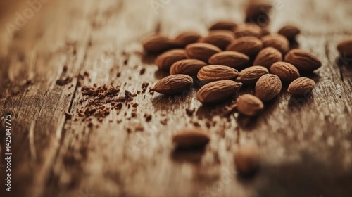 A close-up shot of raw almonds scattered on a wooden surface, highlighting their natural textures and rich brown color with soft lighting