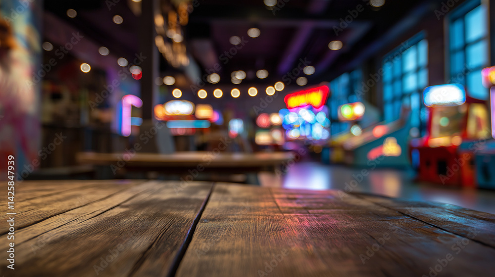 Rustic Wooden Tabletop Blurred Arcade Background Rustic Wooden Tabletop Blurred Arcade Background