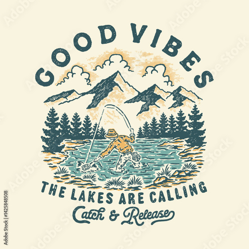 lake illustration fishing graphic forest design adventure badge mountain vintage outdoor