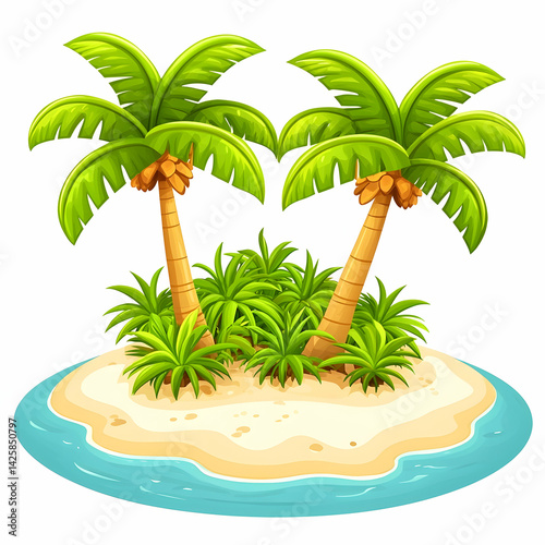 Tropical island paradise with two palm trees, lush vegetation, and turquoise water; ideal for travel brochures photo