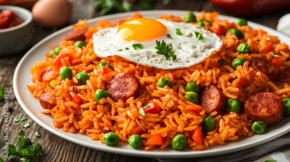 A colorful serving of American fried rice with chunks of sausage, peas, and carrots, garnished with a fried egg and fresh parsley on a white plate A colorful serving of American fried rice with chunks of sausage, peas, and carrots, garnished with a fried egg and fresh parsley on a white plate