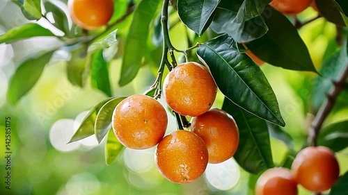 Fresh, ripe oranges hanging on a tree branch in a lush garden with blurred background