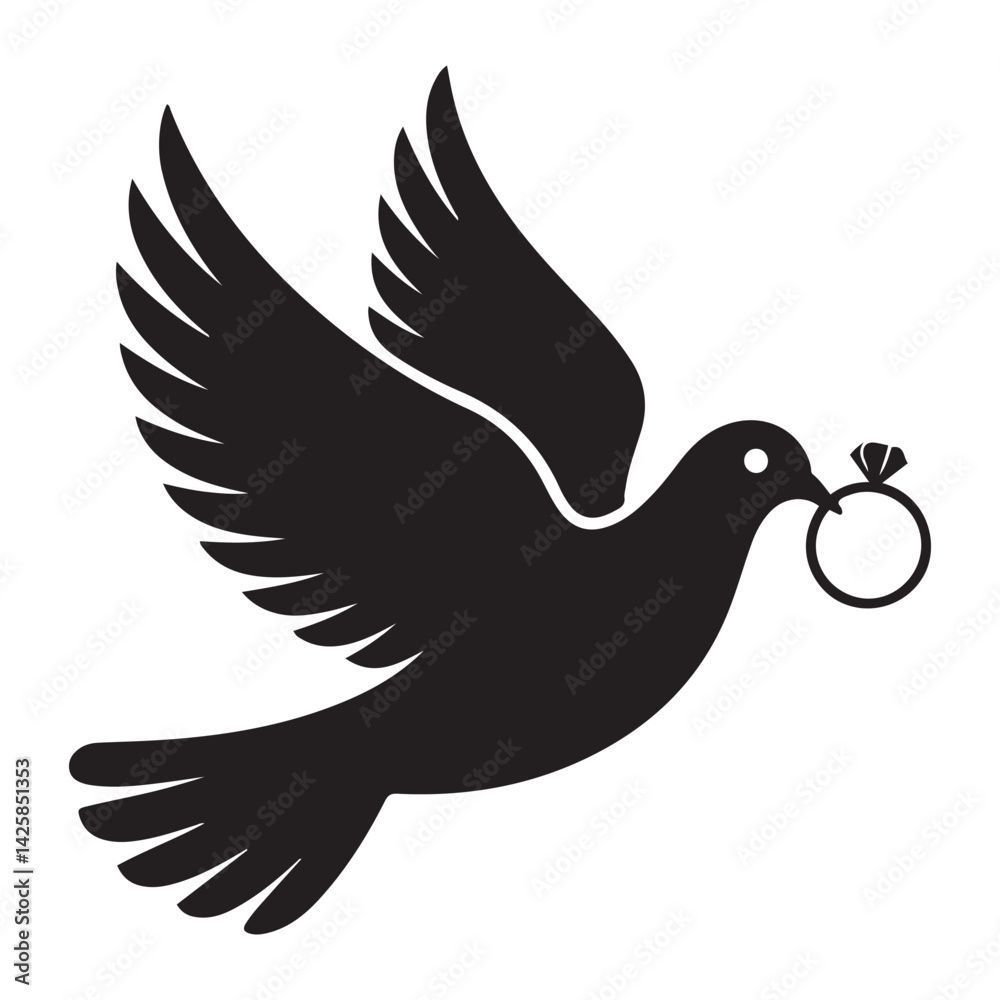 Obraz premium Wedding Dove With Ring Vector Black silhouettes. with white background