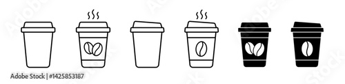 Disposable coffee cup icon set. Coffee to go, takeaway paper cup symbol. Editable stroke. Vector illustration. 