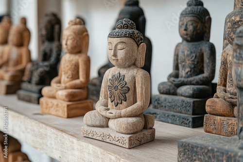 Wooden Ornamental Figurines with Floral Carvings on a Shelf