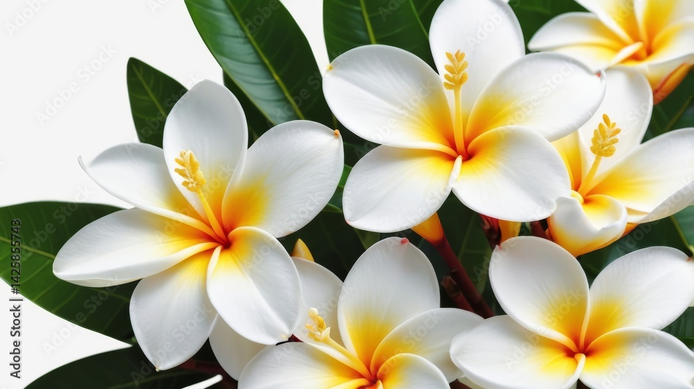Frangipani flowers arranged on a white background, creating a soft and delicate floral composition. Frangipani flowers arranged on a white background, creating a soft and delicate floral composition.