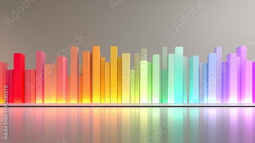 Flat composition of colorful sound bars gradually rising left to right in muted neons, cropped tightly against a white studio floor. 