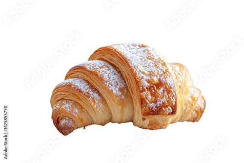 Golden croissant pastry with powdered sugar, flaky French breakfast bread, baked butter dessert snack PNG isolated on Transparent Background