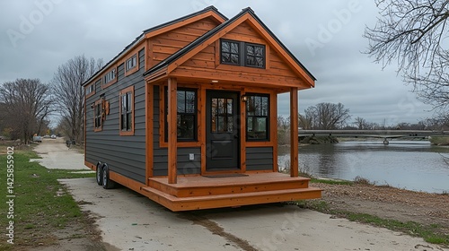 Modern tiny house on wheels by river.