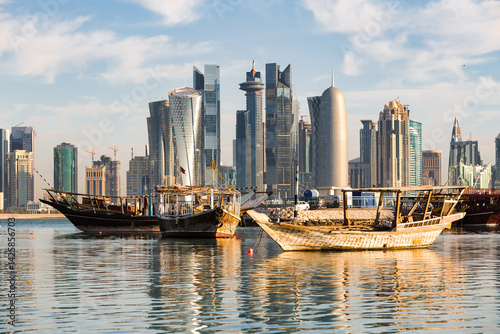Doha skyline and fishing boats, Qatar
