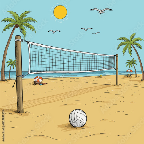 Volleyball Net on Tropical Beach with Sun and Palm Trees