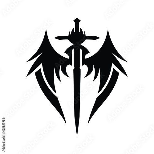 black silhouette stylized wings sword emblem heraldic