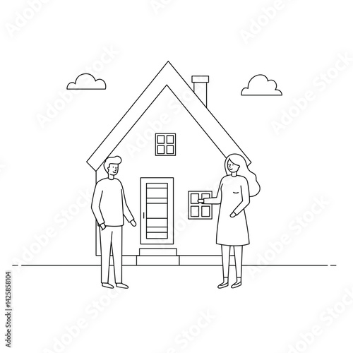 Couple discussing plans in front of a tiny house background  