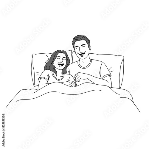 Couple laughing together in bed under warm blankets  
