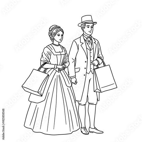 Vintage couple shopping together in elegant attire  