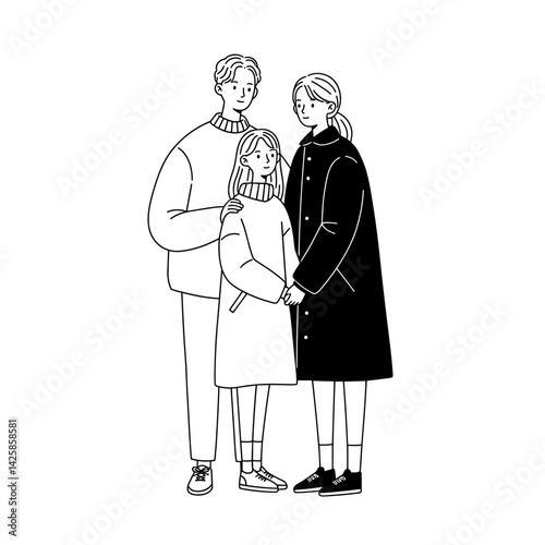 Family portrait holding hands in stylish outerwear  