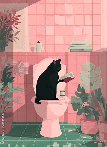 Black Cat Reading Book on Toilet in Pink Tiled Bathroom