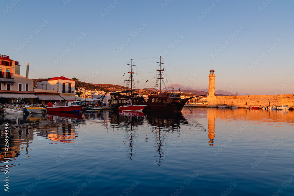 Beautiful sunset over a harbor with traditional boats in a historic coastal town
