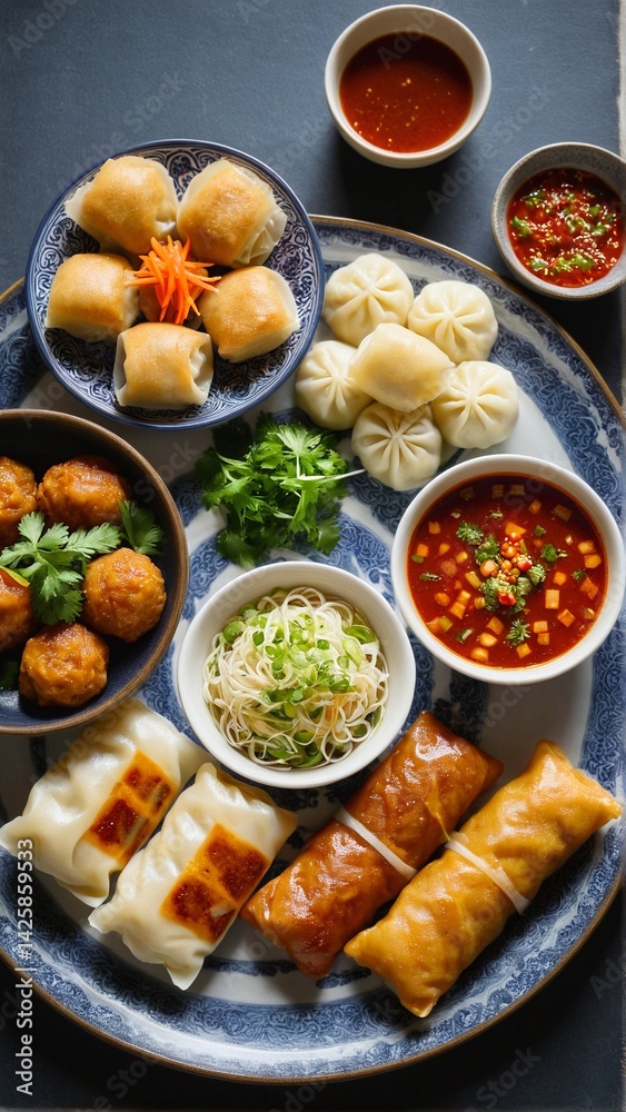A Diverse Array of Asian Appetizers: Dumplings, Spring Rolls, Meatballs, Noodles and Spicy Dipping Sauces on an Ornate Blue Plate. A Diverse Array of Asian Appetizers: Dumplings, Spring Rolls, Meatballs, Noodles and Spicy Dipping Sauces on an Ornate Blue Plate.
