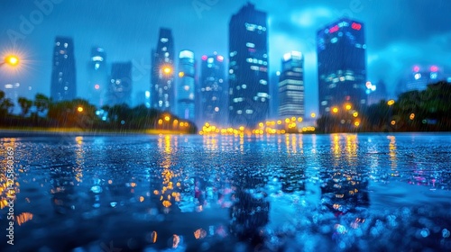 Rain-drenched city skyline at night photo