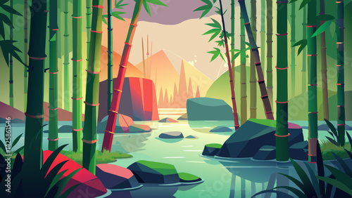 Serene Bamboo Forest Illustration with Pond, Path, and Sunrise – Peaceful Nature Scene