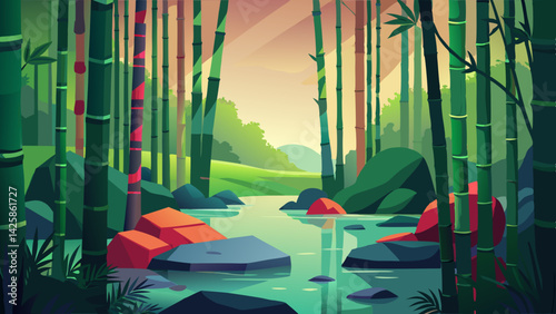 Serene Bamboo Forest Illustration with Pond, Path, and Sunrise – Peaceful Nature Scene