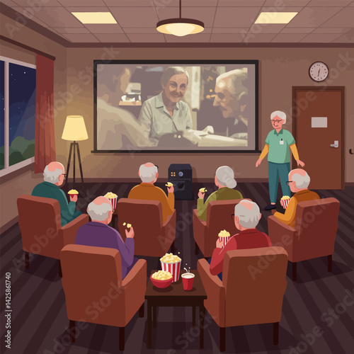 Group of Elderly People Enjoying a Movie Together in a Room