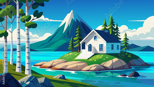 Idyllic White House on Rocky Peninsula by Turquoise Bay – Nature Landscape Scene