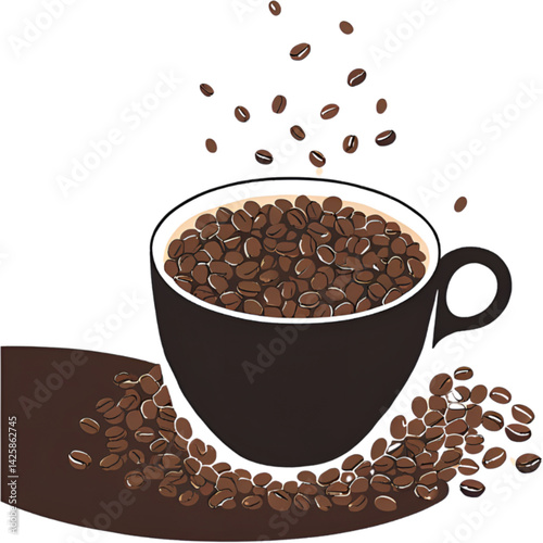 Illustration of Coffee Beans Overflowing from Cup on Dark Background