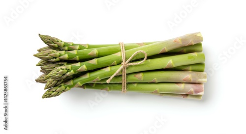 Fresh green asparagus spears isolated on white background with shadow for healthy eating concepts. Organic asparagus vegetable top view on white background for vegan and vegetarian diet visuals