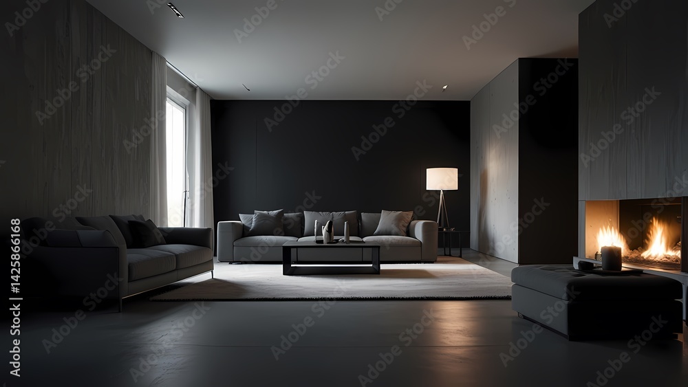 Fototapeta premium Modern living room with fireplace and comfortable furniture in a stylish home interior