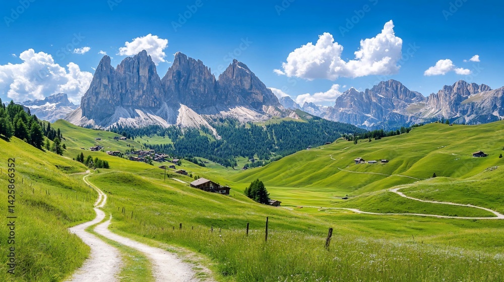 Obraz premium Picturesque alpine valley, winding road, and towering peaks. Lush green meadows, rustic houses nestled amongst the landscape. Clear blue sky, fluffy clouds