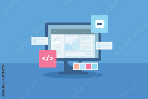 AI Website builder, Artificial intelligence building no code website, AI generating website for business. Page builder application.