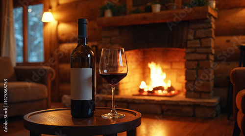 Cozy evening with wine by the fireplace in wooden cabin