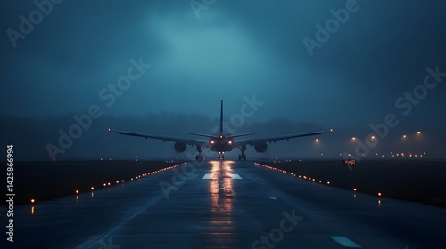 night scene of an airplane on a wet runway, with fog and glowing lights. 
Concepts : Travel, aviation, departure, nightscape, adventure, solitude, transportation, engineering, cinematic, journey, tech
