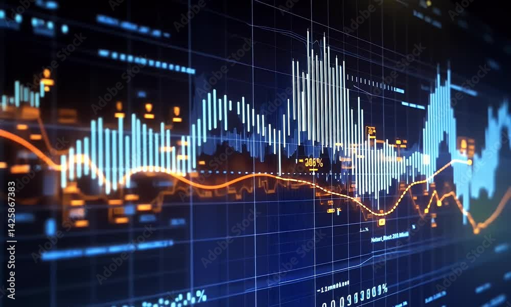  A stock market graph with an upward trend, indicating growth and potential for investment in the financial industry. The background is a digital display showing data points on trading charts