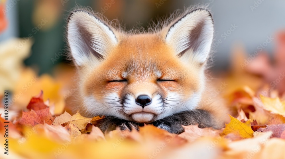 Obraz premium Adorable fox kit resting amidst autumn leaves. Close-up view of a small, reddish-orange fox nestled in a bed of vibrant fall foliage. Eyes gently closed, appearing peaceful and serene
