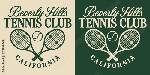 Vintage typography California Los Angeles Beverly Hills Tennis Club slogan print with retro tennis rackets and ball emblem illustration for graphic tee t-shirt or poster - Vector
