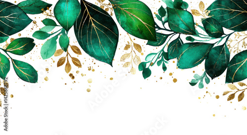 Elegant Botanical Design: A delicate watercolor painting showcases emerald green and gold botanical elements. Leaves and subtle gold accents create a serene and luxurious feel.