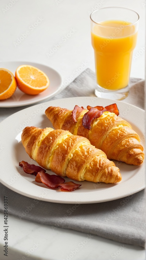 Golden Breakfast Delight: Flaky Croissants with Savory Bacon, Fresh Orange Slices, and a Glass of Refreshing Orange Juice Golden Breakfast Delight: Flaky Croissants with Savory Bacon, Fresh Orange Slices, and a Glass of Refreshing Orange Juice