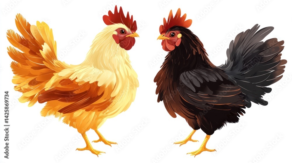 Fototapeta premium Two roosters, one yellow-orange and one black, facing each other