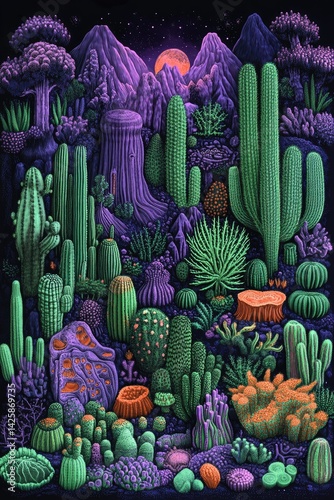 Cacti and desert plants in a surreal landscape with mountains and a sunset.