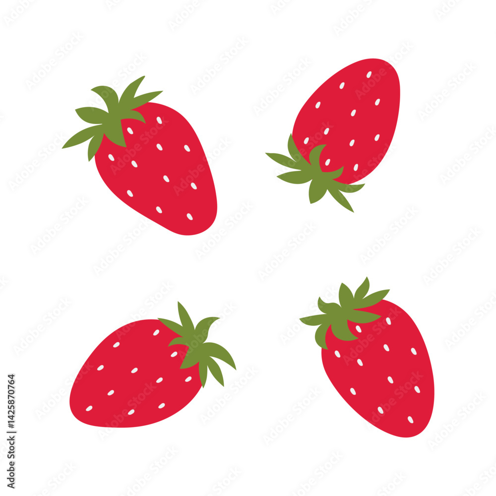 Strawberry, red berries with green leaves in flat style. Garden fruits, organic food, healthy eating. Isolated vector illustration. Strawberry, red berries with green leaves in flat style. Garden fruits, organic food, healthy eating. Isolated vector illustration.
