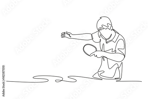 Continuous one line drawing male table tennis player get ready to receive the ball from opponent. Athlete are playing defense with backhand method. Single line draw design vector graphic illustration