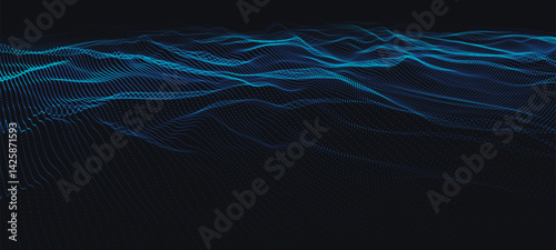 Abstract background with dynamic colorful wave. Futuristic dotted wave of bright particles. Dark background. Colorful background for presentation design. Wide format vector illustration. Interweaving