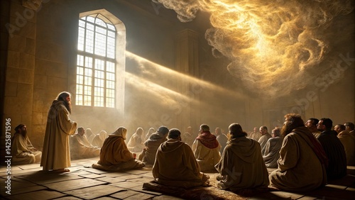 Pentecost: Jesus's disciples gathered together praying on the floor of an upper room